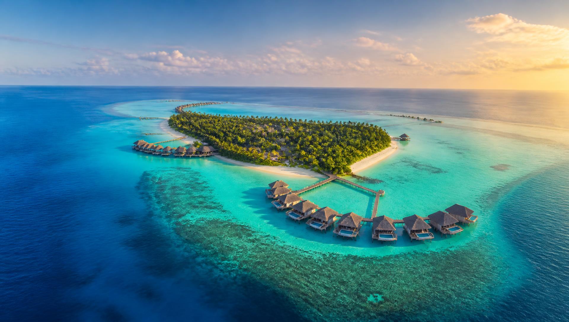 Aerial view of a Maldives resort island with overwater villas